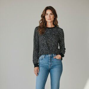 Shein Long Sleeve Round Neck Knit Pullover Shirt-Size L-Black/White Polka Dots